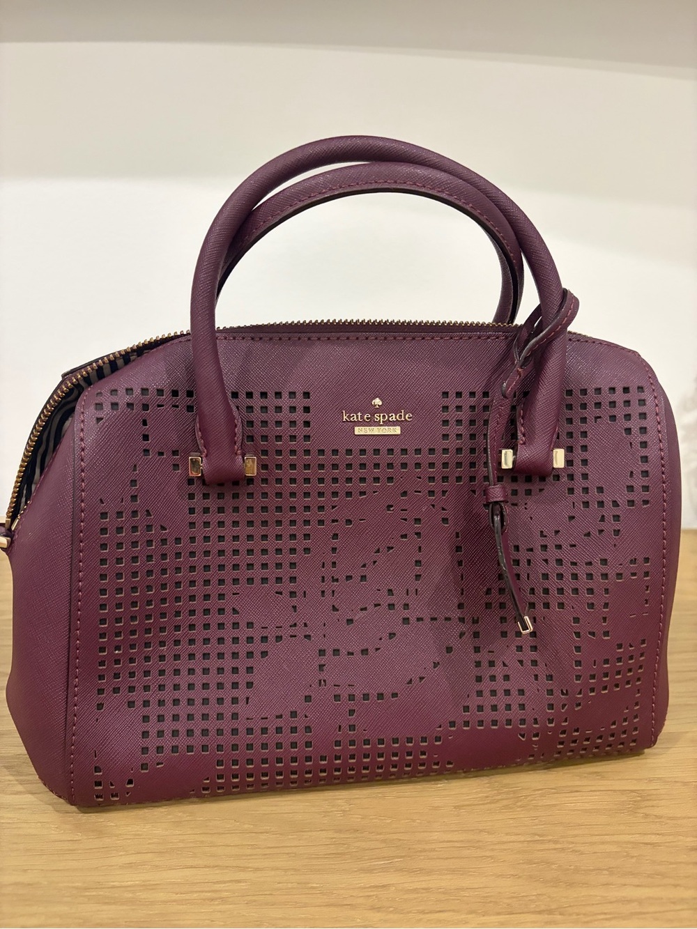 kate spade Plum Perforated Floral Satchel with Gold Hardware